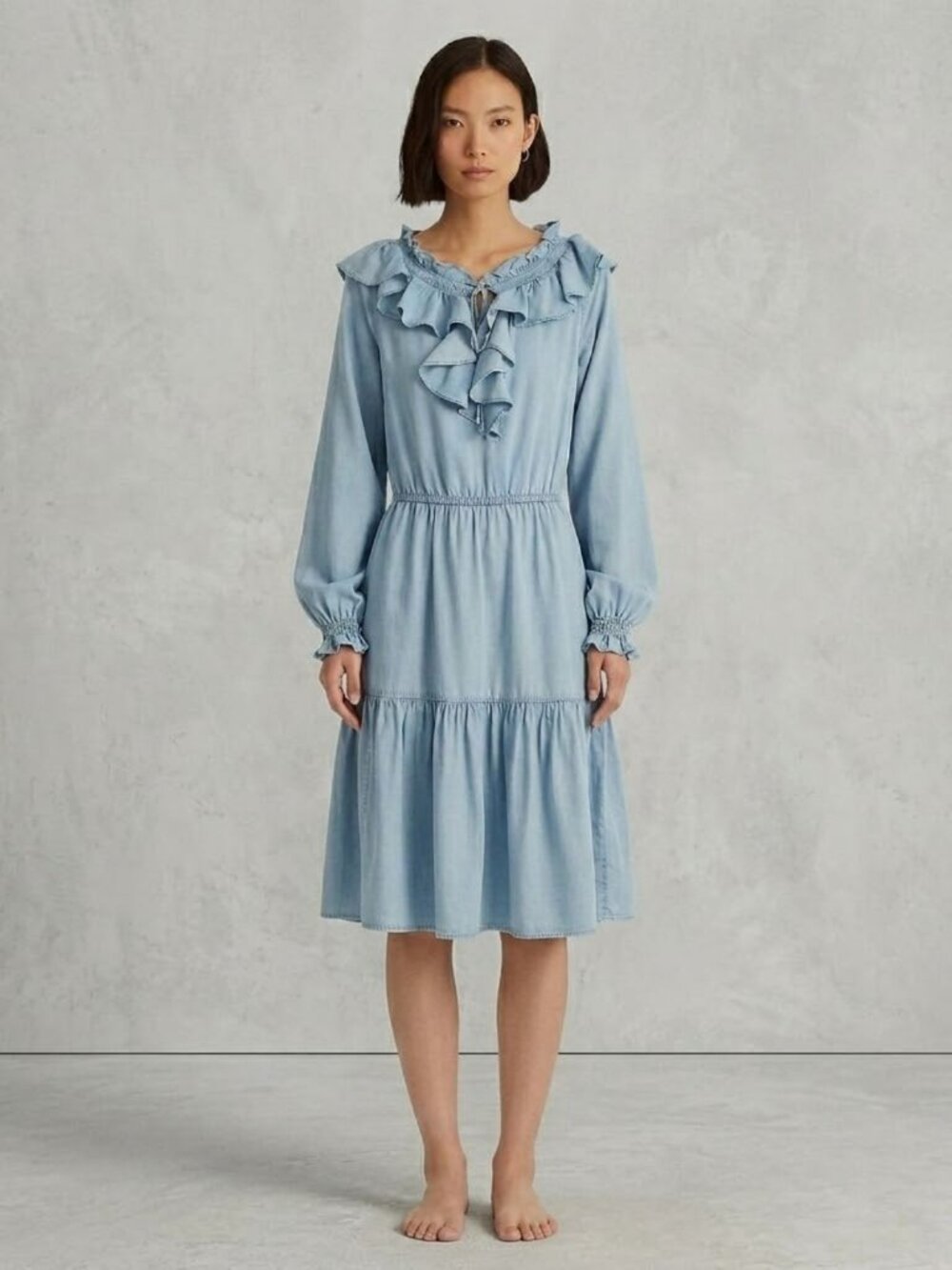 Lauren Ralph Lauren Smocked Ruffle Denim Dress Size 6 Blue Twill Pockets